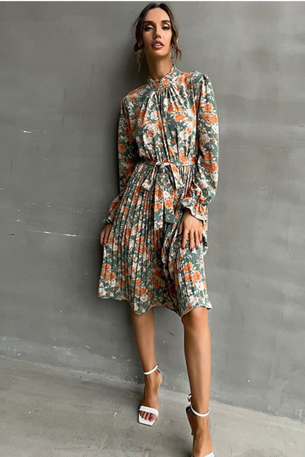 Floral Mock Neck Tie-Waist Pleated Dress