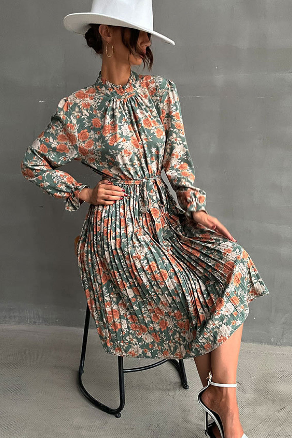 Floral Mock Neck Tie-Waist Pleated Dress