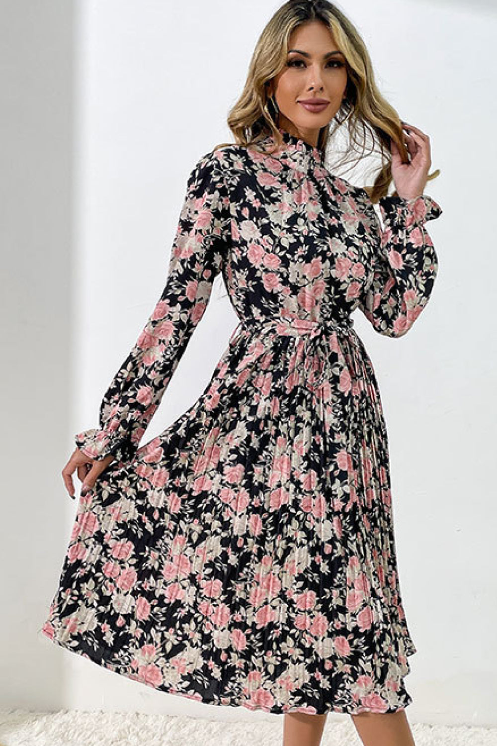 Floral Mock Neck Tie-Waist Pleated Dress