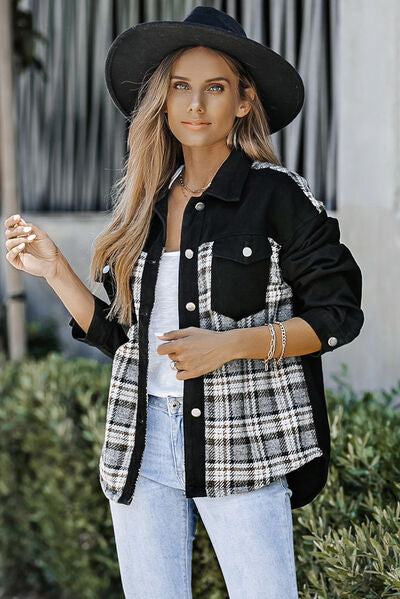 Plaid Pocketed Button Up Denim Jacket