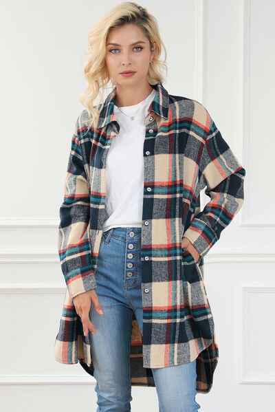 Plaid Button Up Long Sleeve Slit Shacket