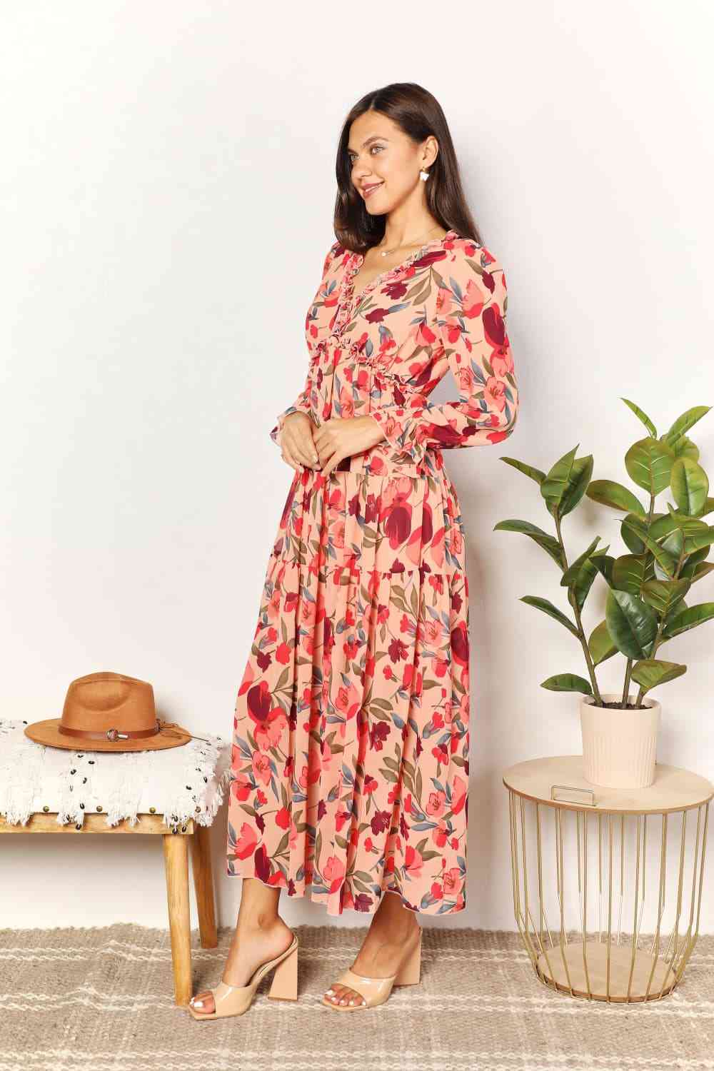 Double Take Floral Frill Trim Flounce Sleeve Plunge Maxi Dress