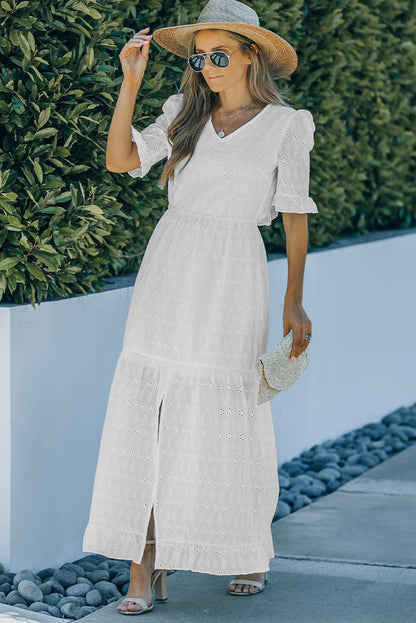 Eyelet Front Slit Puff Sleeve Maxi Dress