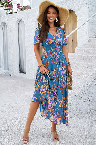 Smocked Floral V-Neck Short Sleeve Dress