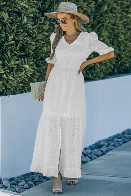 Eyelet Front Slit Puff Sleeve Maxi Dress