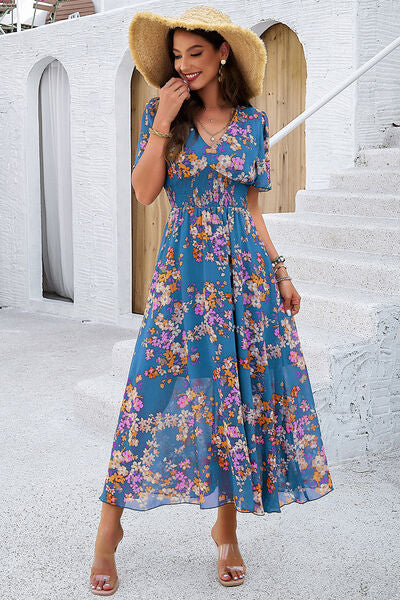 Smocked Floral V-Neck Short Sleeve Dress