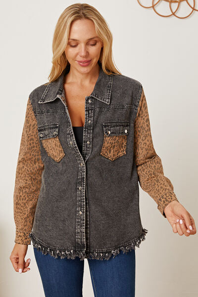 Leopard Raw Hem Pocketed Denim Jacket