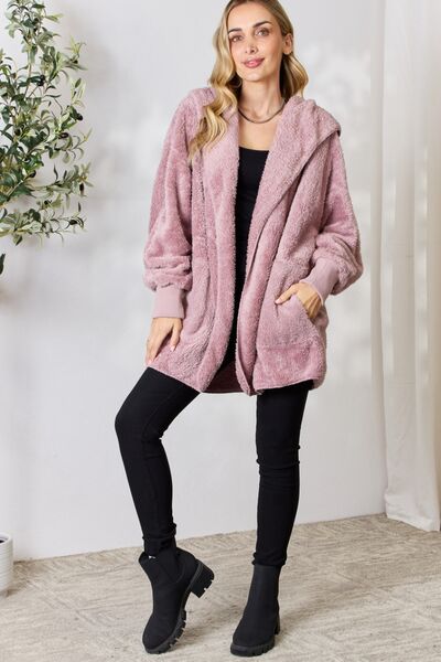 H&T Faux Fur Open Front Hooded Jacket