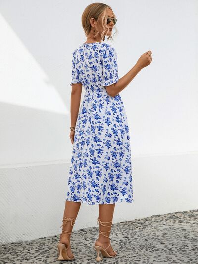 Slit Printed V-Neck Short Sleeve Dress